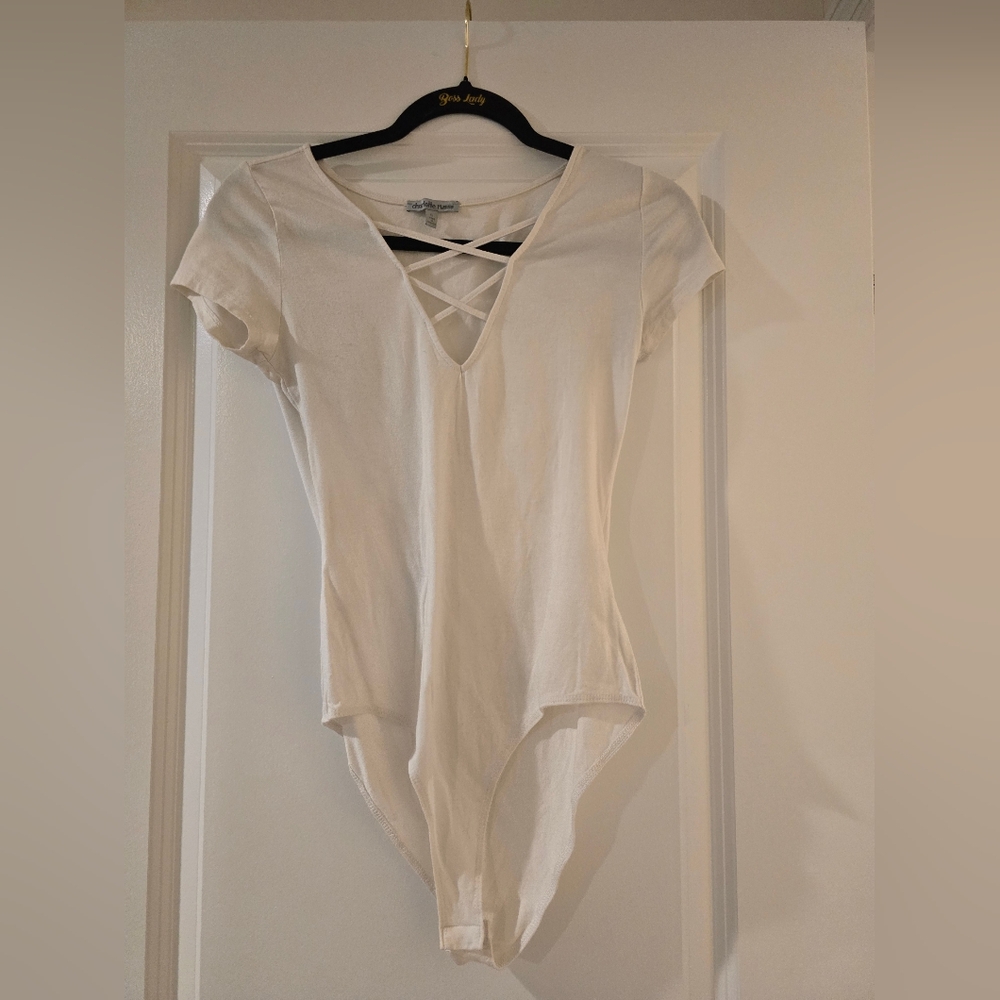 Charlotte Russe Cream Crisscross V-Neck Bodysuit